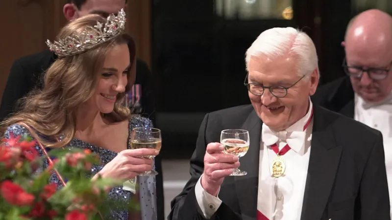 Steinmeier shared a toast with the princess, who wore a tiara designed by the German-born Prince Albert
